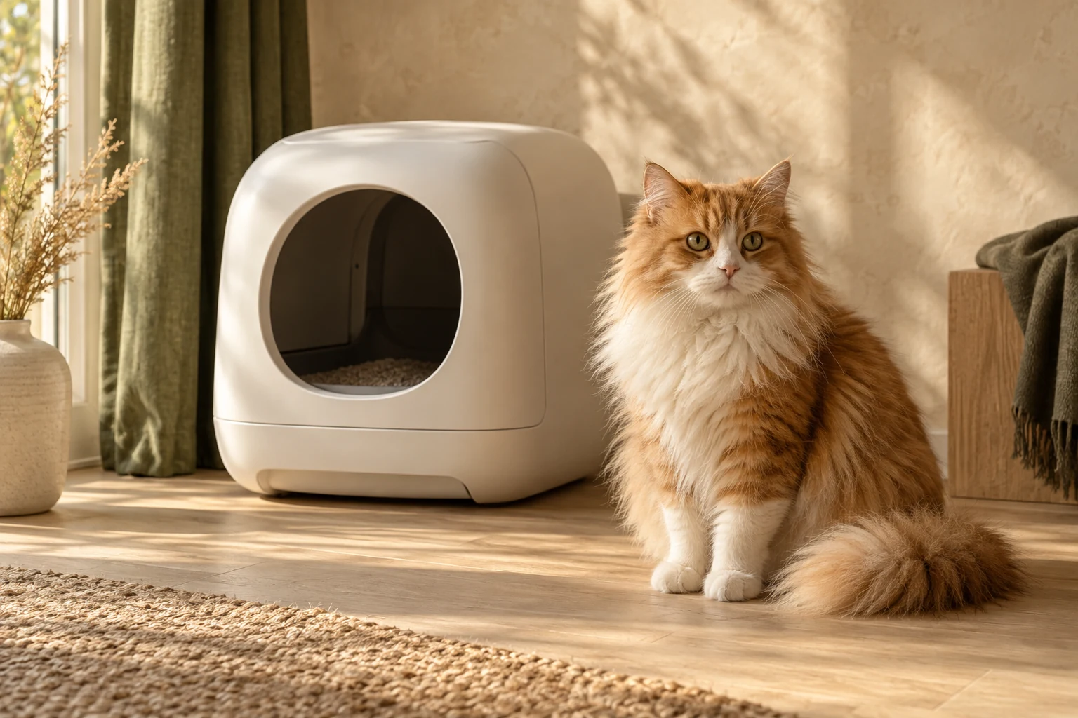Un gato junto a un arenero automático en una casa soleada
